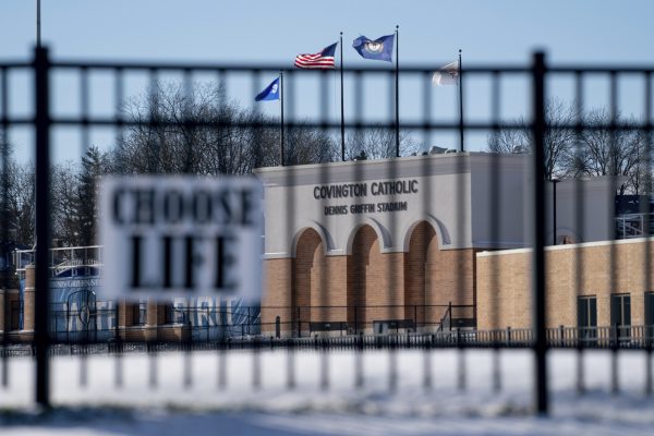 Flags fly over the Covington Catholic High School stadium