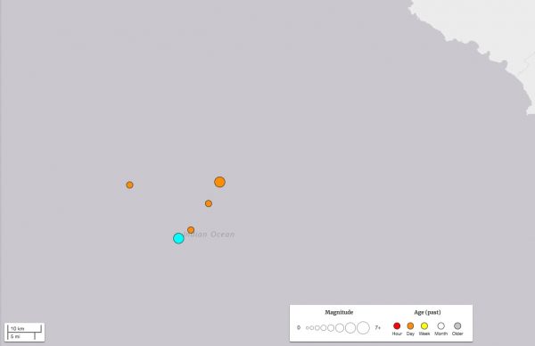 map showing five quakes