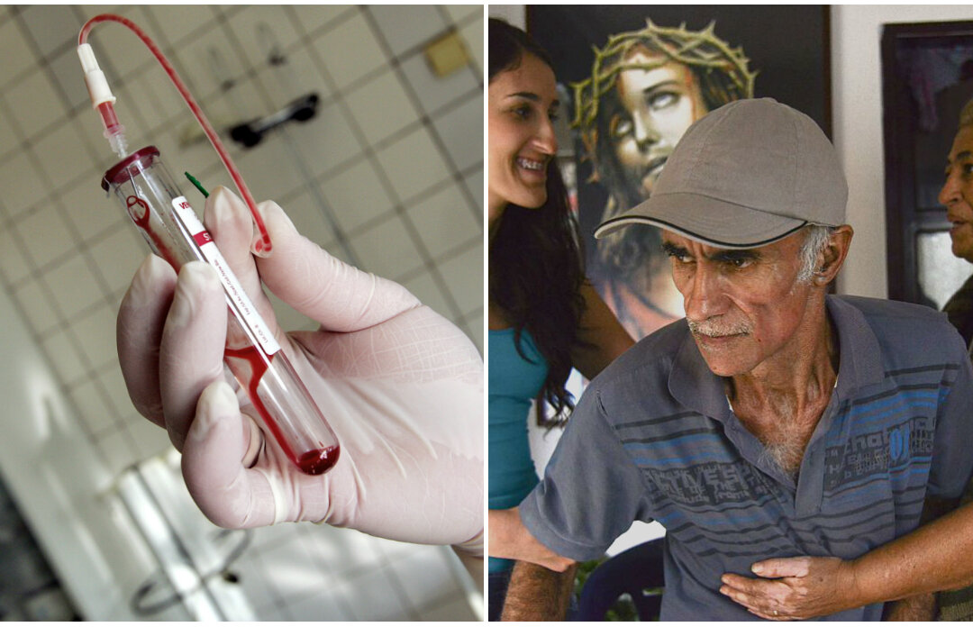 (L) A nurse holding a test-tube with HIV positive blood in an infectious diseases hospital in Moscow. (Maxim Marmur/AFP/Getty Images)
(R) An Alzheimer patient (C) is helped by relatives at their house in Yarumal, north of Antioquia department, Colombia on Dec. 3, 2014. (Raul Arboleda)