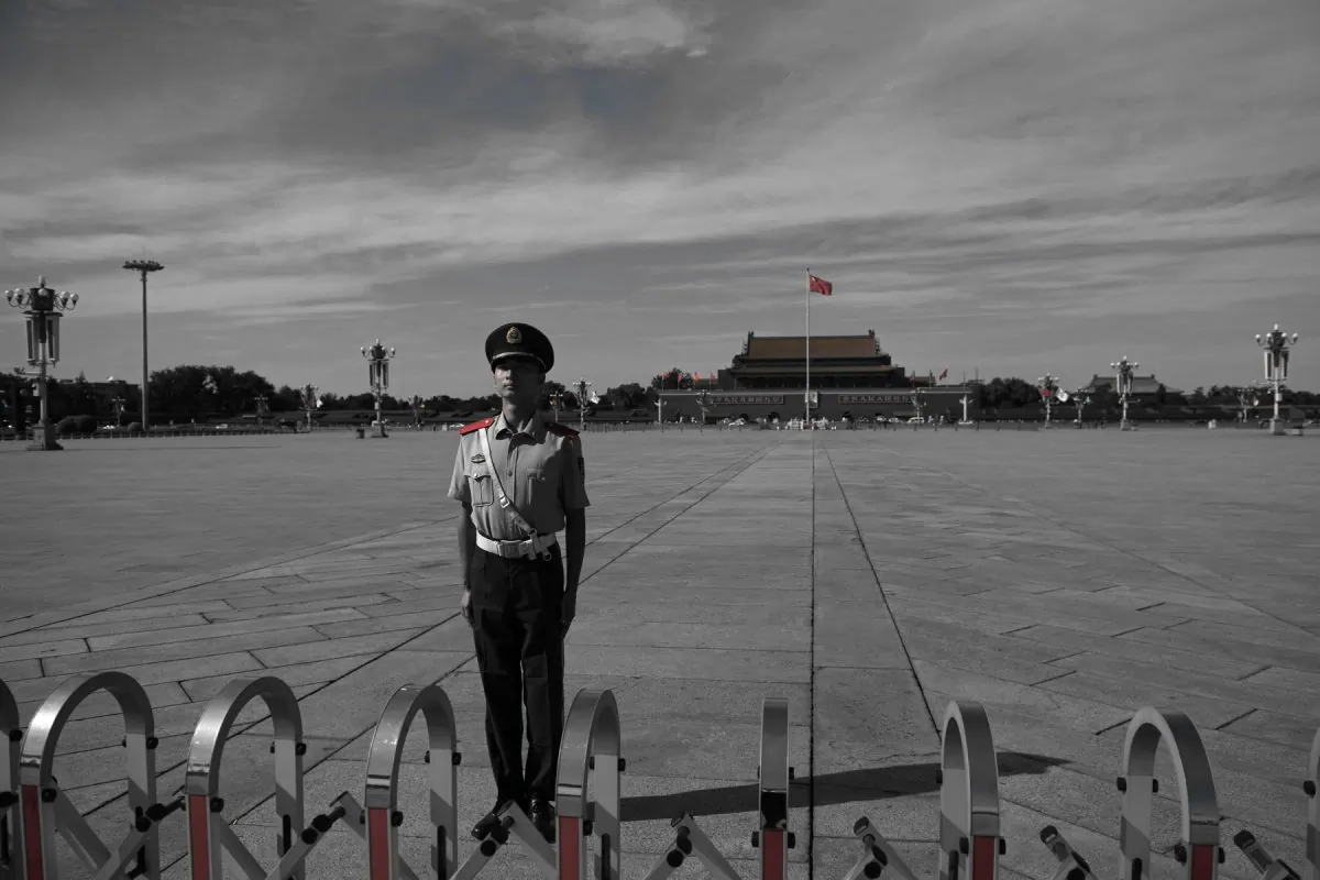 A paramilitary police officer stands guard in Tiananmen Square as the Forum On China-Africa Cooperation continues in Beijing on Sept. 4, 2018. (Nicolas Asfouri/AFP/Getty Images)