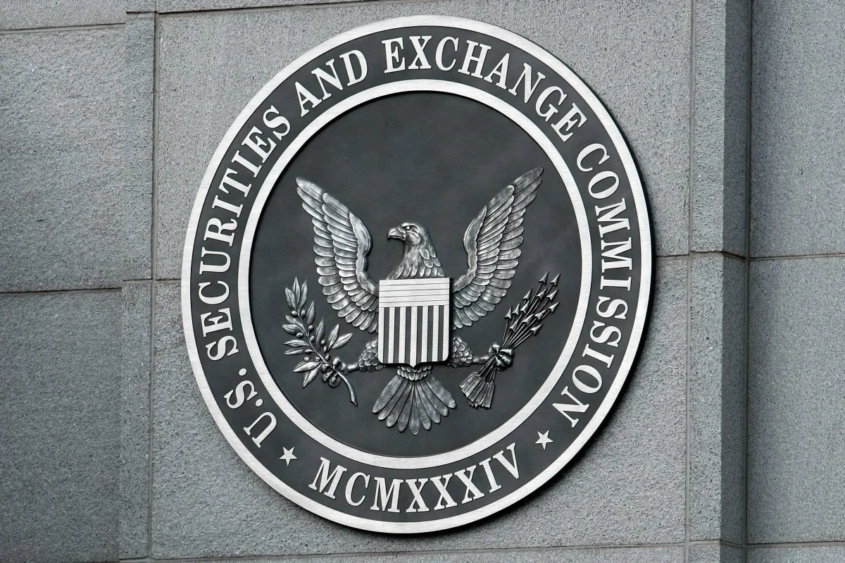 The U.S. Securities and Exchange Commission seal hangs on the facade of its building in Washington on Sept. 18, 2008. (Chip Somodevilla/Getty Images)