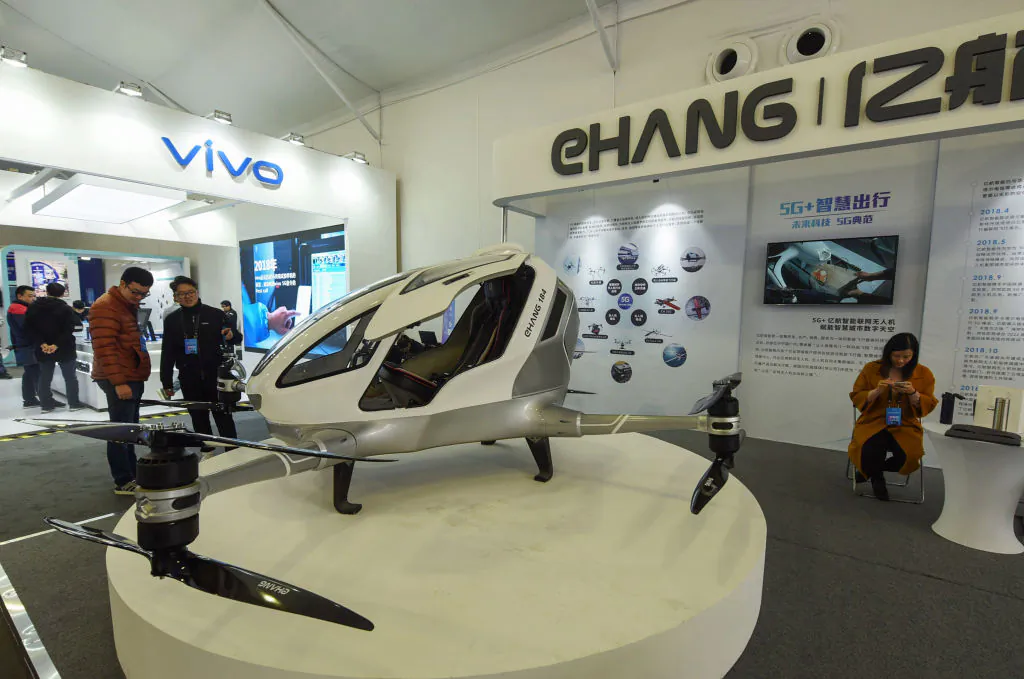 A driverless aircraft with 5G technology by EHANG is in display at a 5G innovation park in Hangzhou, a city in eastern China's Zhejiang province, on Jan. 20, 2019. (STR/AFP/Getty Images)