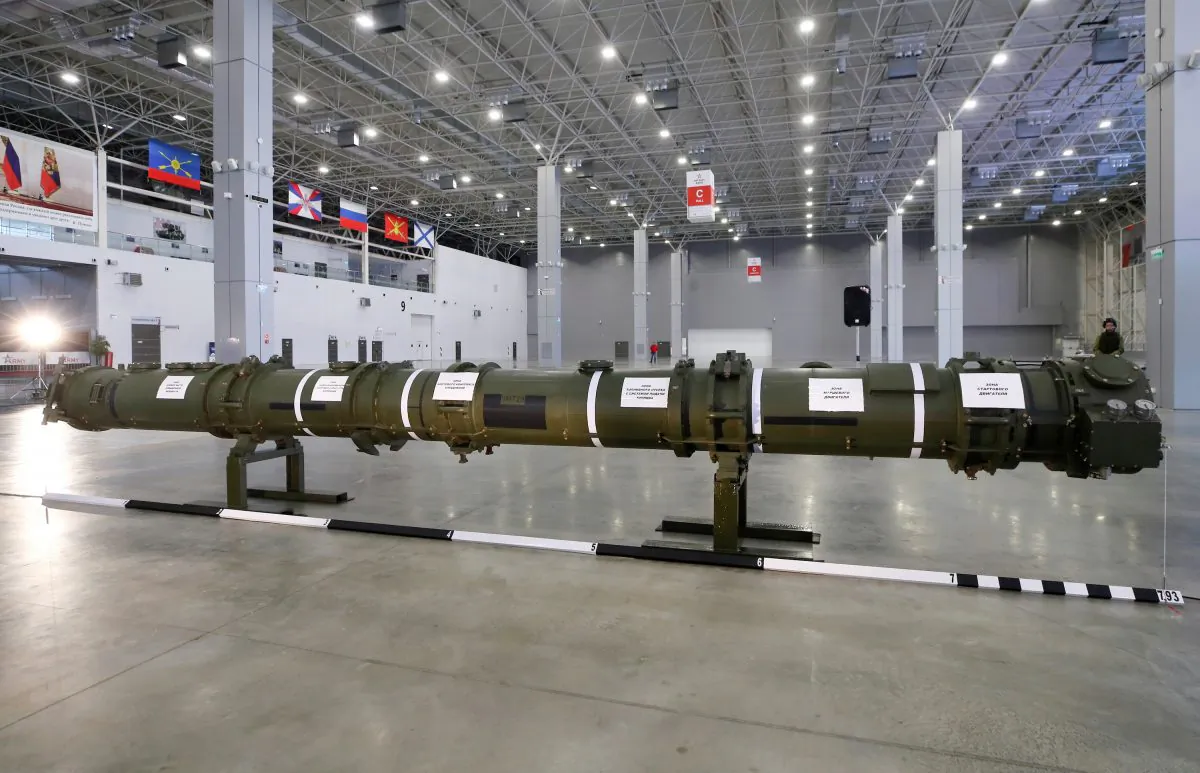 A component of SSC-8/9M729 cruise missile system is on display during a news briefing, organized by Russian defence and foreign ministries, at Patriot Expocentre near Moscow, Russia, on Jan. 23, 2019. (Reuters/Maxim Shemetov)