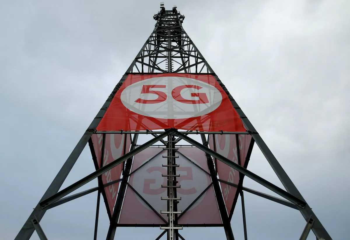 A mobile phone mast with 5G technology at the 5G Mobility Lab of telecommunications company Vodafone in Aldenhoven, Germany, on Nov. 27, 2018. (Thilo Schmuelgen/Reuters)