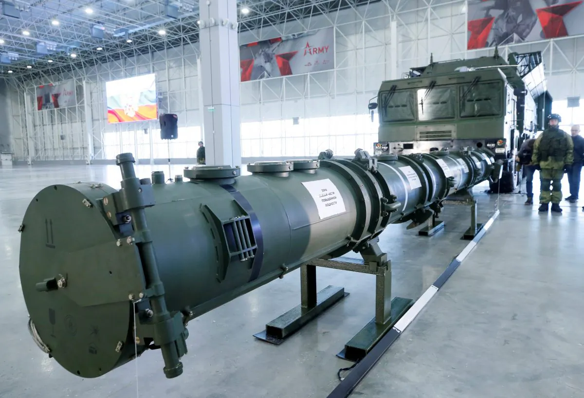 Components of SSC-8/9M729 cruise missile system are on display during a news briefing, organized by Russian defense and foreign ministries, at Patriot Expocenter near Moscow, Russia Jan. 23, 2019. (Maxim Shemetov/Reuters)