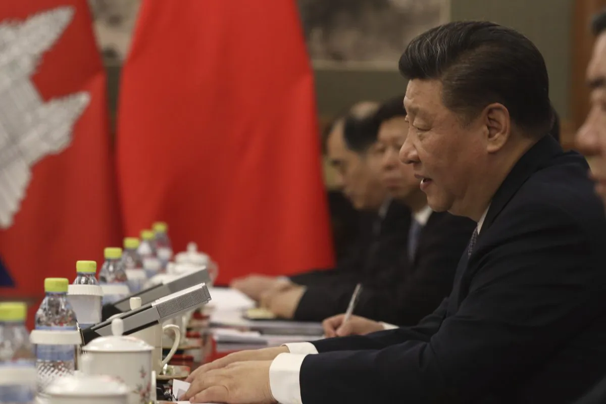 Chinese leader Xi Jinping speaks during a meeting with Cambodia's Prime Minister Hun Sen (not pictured) at the Diaoyutai state guesthouse in Beijing, on Jan. 21, 2019. (Ng Han Guan/AFP/Getty Images)