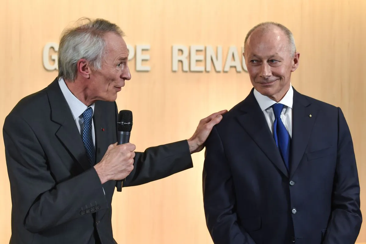 French carmaker Renault's newly appointed board chairman Jean-Dominique Senard (L) delivers a speech next to new chief executive Thierry Bollore during a press conference at the headquarters of the French car manufacturer Renault in Boulogne Billancourt, near Paris, on Jan. 24, 2019. (Eric Piermont/AFP/Getty Images)