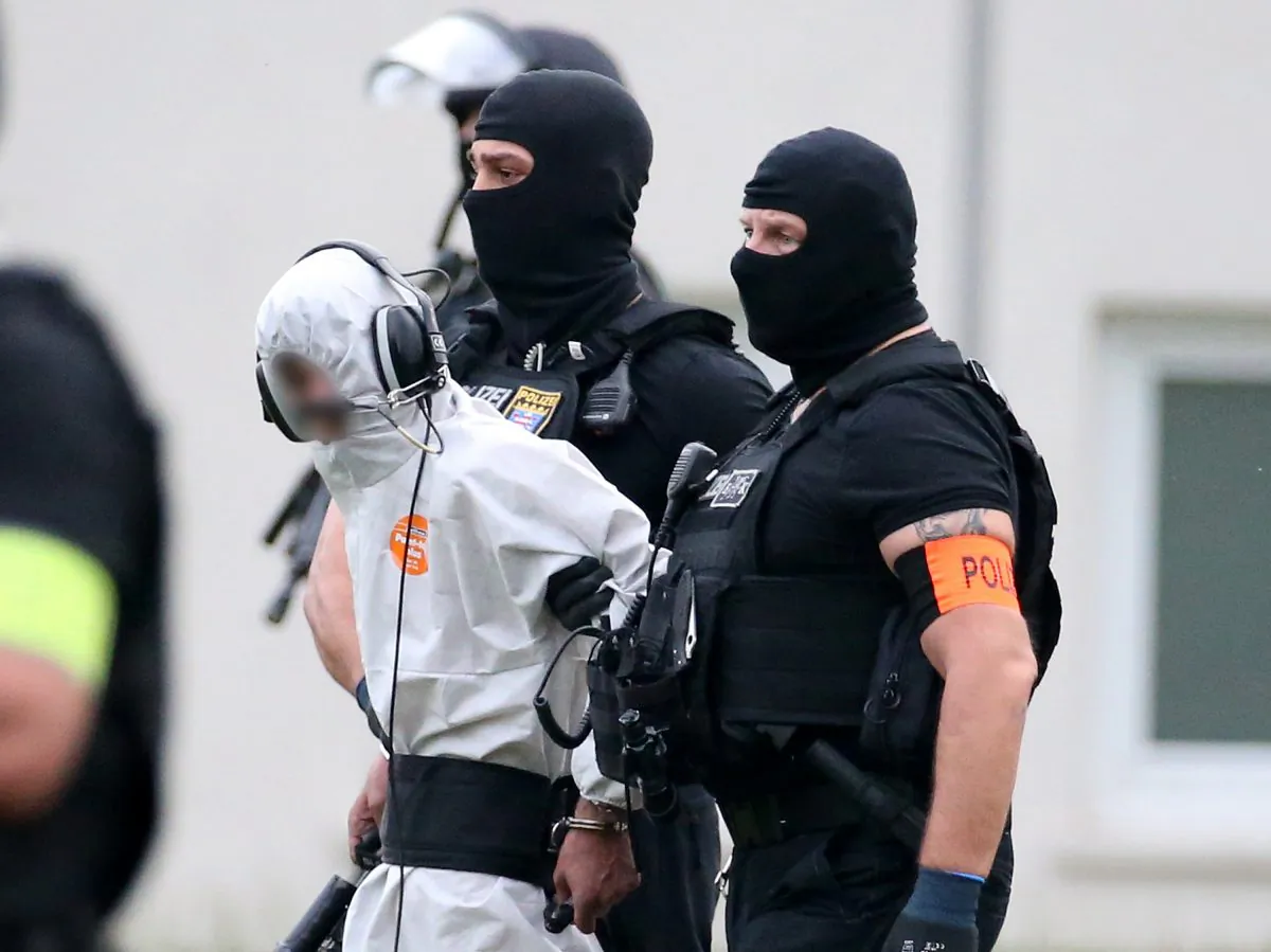 Police officers of a special unit escort Iraqi asylum seeker Ali Bashar, who is suspected of having killed a German teenage girl, to a helicopter in Wiesbaden, Germany, on June 10, 2018. (Hasan Bratic/AFP/Getty Images)