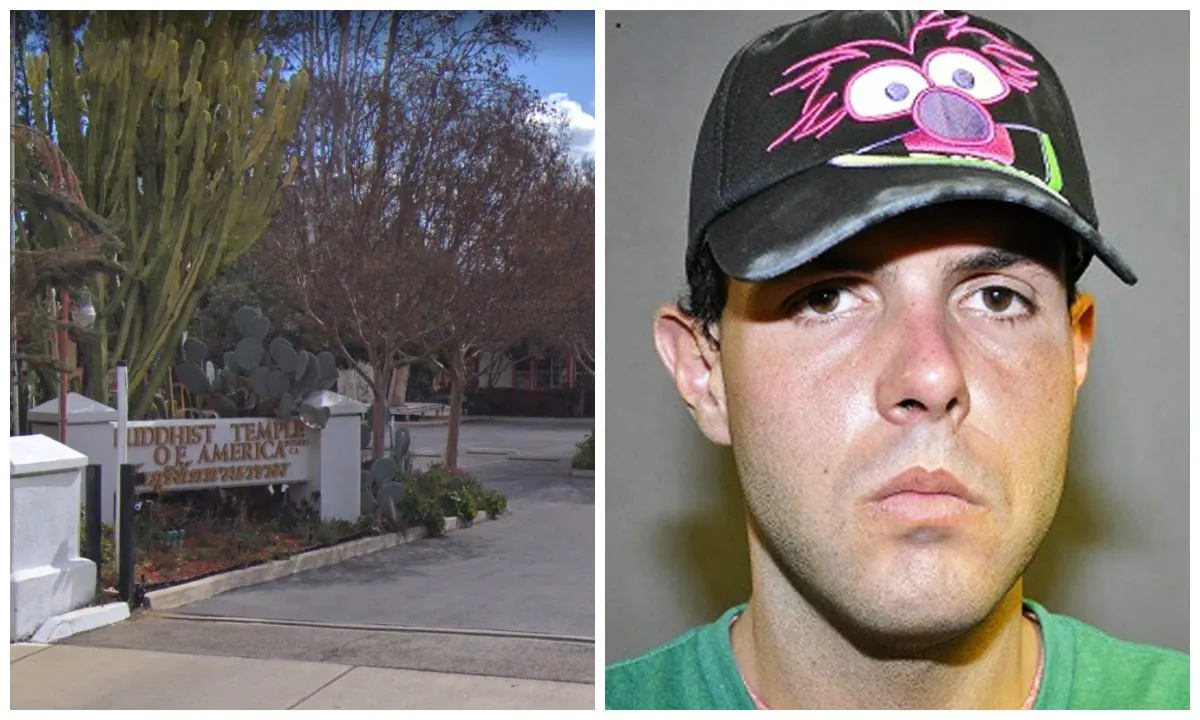 Daniel Warn, 32, was arrested after stealing $1,000 from a donation box at a Buddhist temple in California. (GoogleMap/Screenshot, Costa Mesa Police Department)