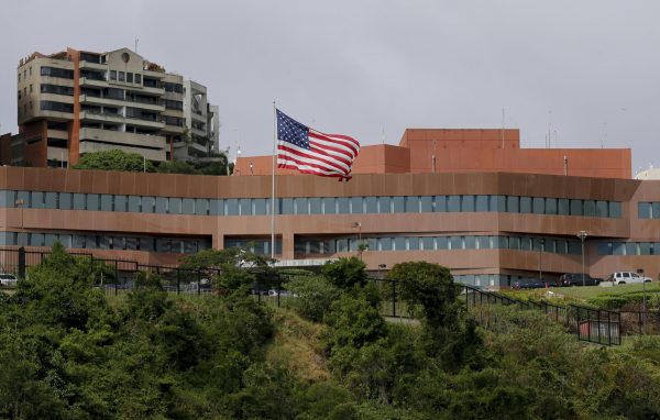 A U.S flag flies outside the U.S. embassy in Caracas