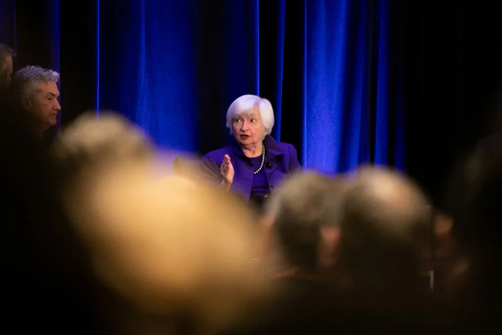 Former Chair of the Federal Reserve Janet Yellen during a panel discussion at the American Economic Association conference (Photo by Jessica McGowan/Getty Images)