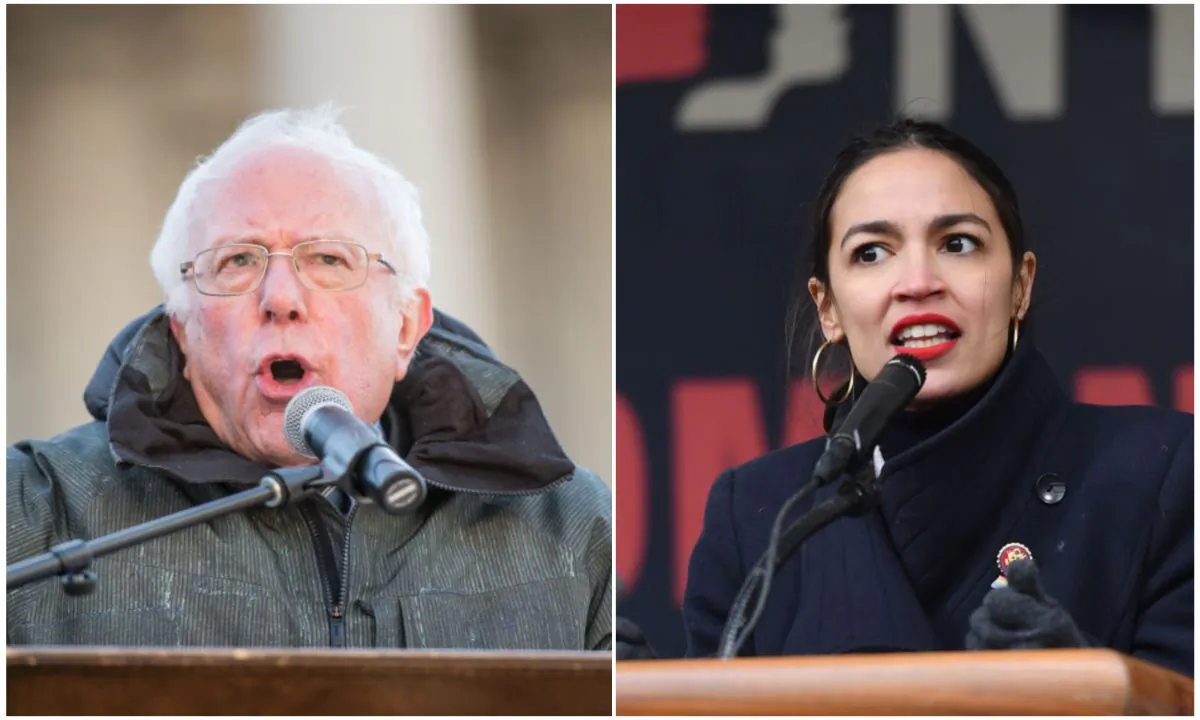 Sen. Bernie Sanders (I-VT) and Alexandria Ocasio-Cortez (D-NY). Photo by Sean Rayford/Getty Images, Angela Weiss / AFP
