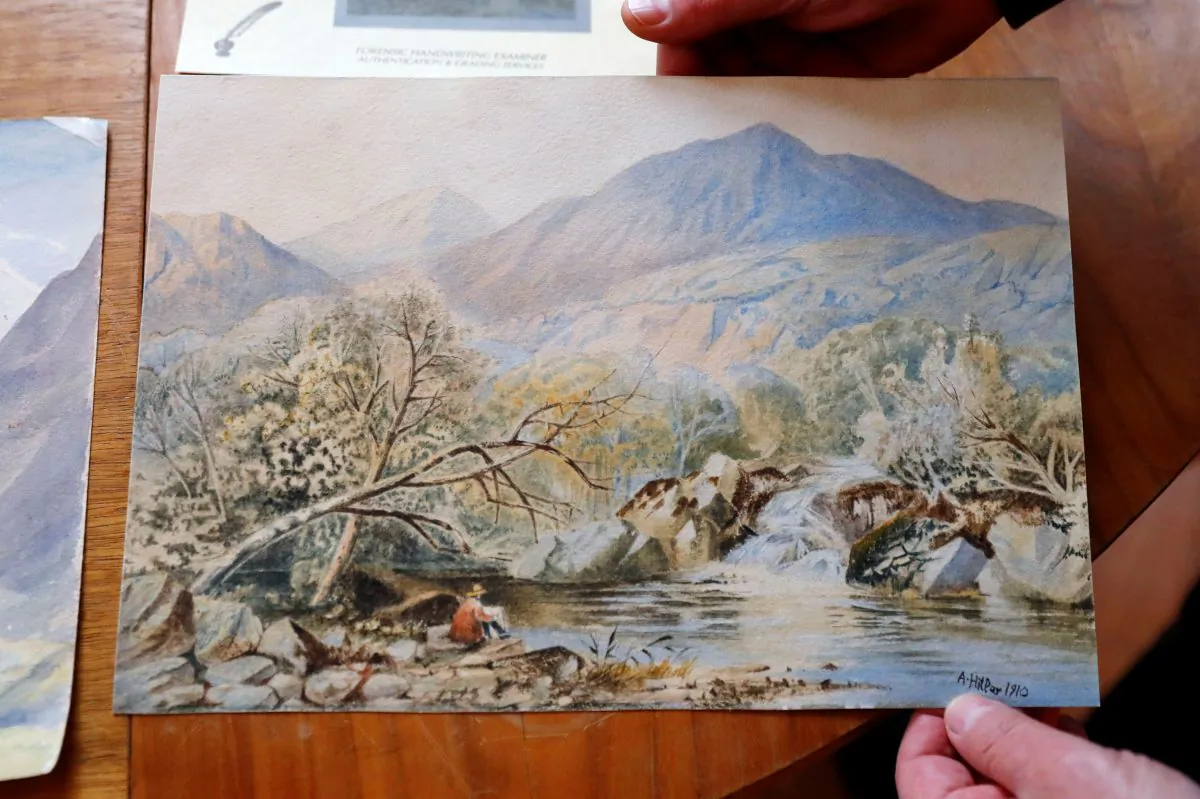 A watercolor of an unknown landscape attributed to Adolf Hitler at Kloss action house, pictured before it was seized by police as a suspected forgery, in Berlin on Jan. 24, 2019. (Reuters/Fabrizio Bensch)