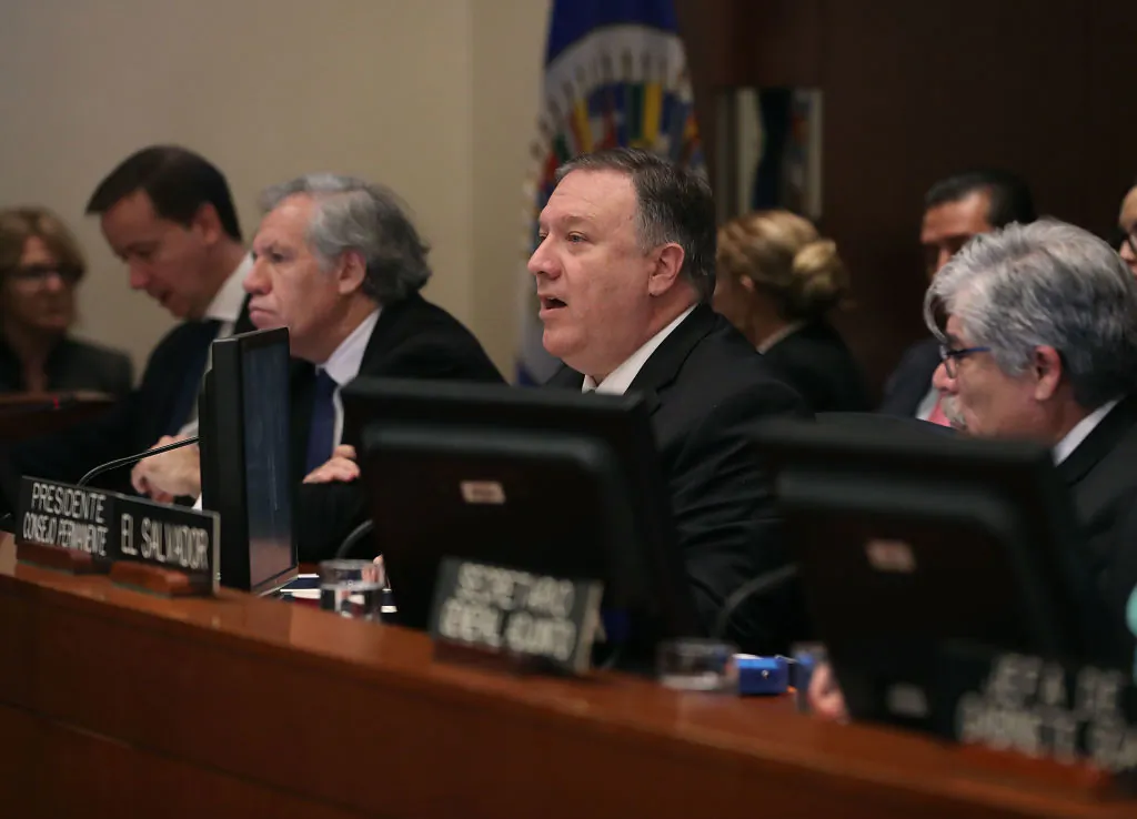U.S. Secretary of State Mike Pompeo (C) speaks during a meeting of the Permanent Council of the Organization of American States in Washington, on Jan. 24, 2019. (Mark Wilson/Getty Images)