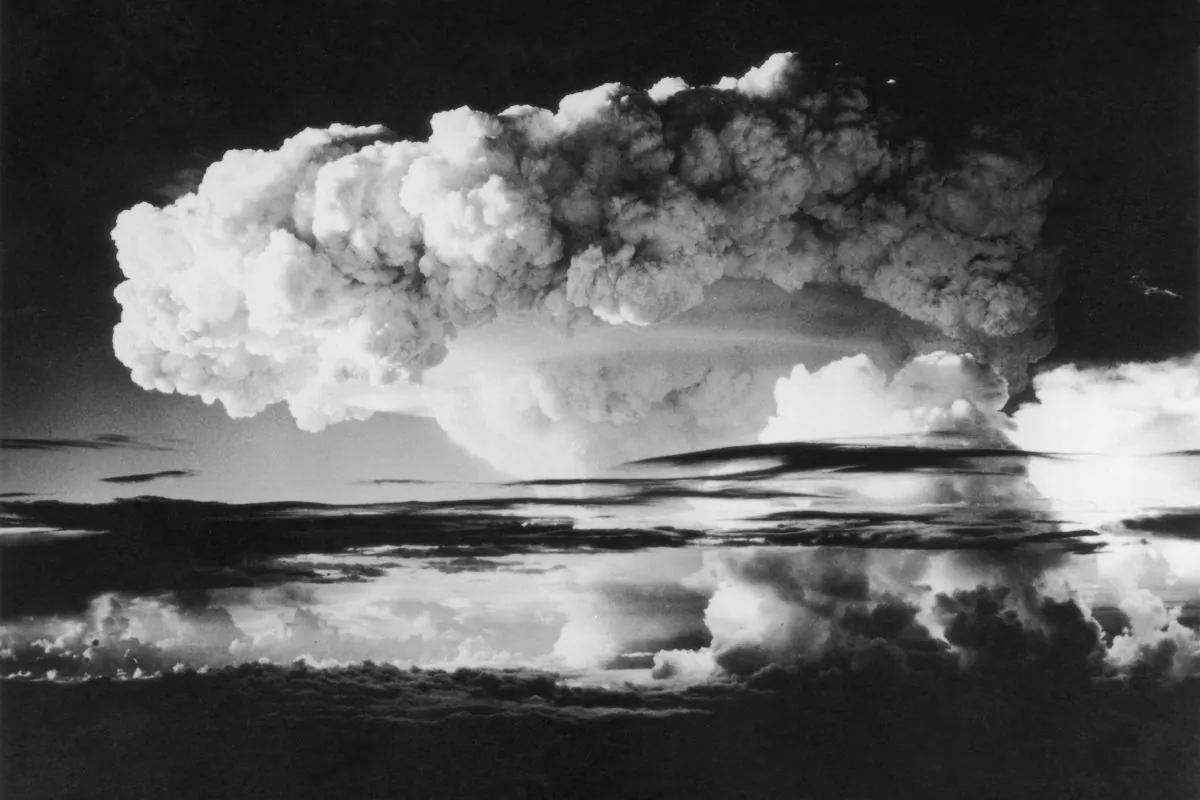 One hundred miles of sky covered by smoke and radioactivity from the first H-Bomb explosion (US) at Eniwetok Atoll in the Pacific on Nov. 1, 1952.  (Photo by Keystone/Getty Images)