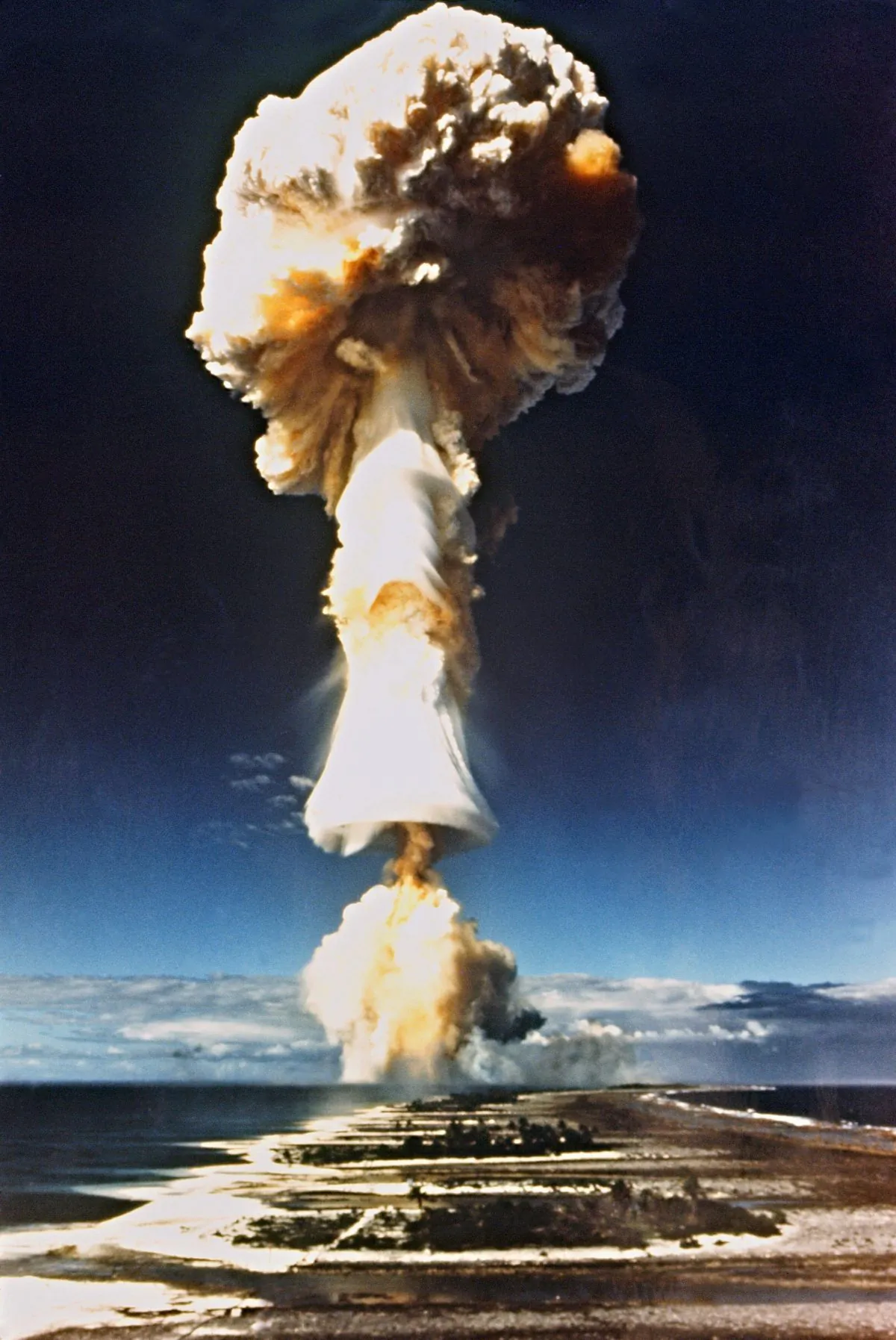 Mururoa, FRENCH POLYNESIA:  (Files) This picture taken in 1970 shows a French nuclear test at Mururoa, French Polynesia. Researchers have established a link between France's nuclear tests over the Pacific ocean in the late 1960s and the high incidence of thyroid cancer in Polynesia.  France carried out some 40 atmospheric atomic tests in Polynesia from 1966 to 1974. After that its tests were carried out underground. AFP PHOTO  (Photo credit should read -/AFP/Getty Images)