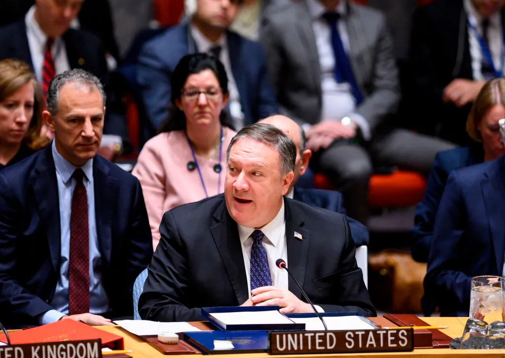 US Secretary of State Mike Pompeo speaks at a United Nations Security Council meeting on Venezuela, at the United Nations in New York on Jan. 26, 2019. (JOHANNES EISELE/AFP/Getty Images)