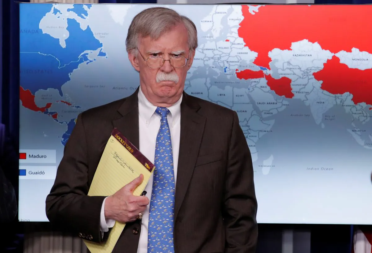 U.S. National Security Adviser John Bolton arrives to address reporters as the Trump administration announces economic sanctions against Venezuela and the Venezuelan state-owned oil company Petroleos de Venezuela (PdVSA) in Washington on Jan. 28, 2019. (Jim Young/Reuters)