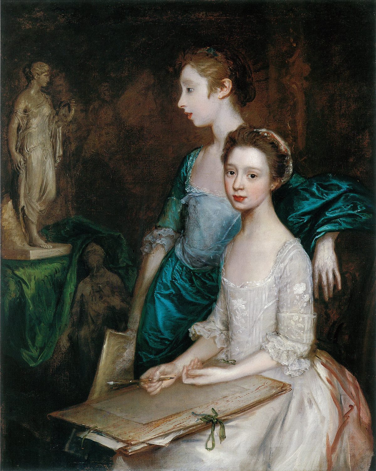 Two 18th century young ladies one with a drawing