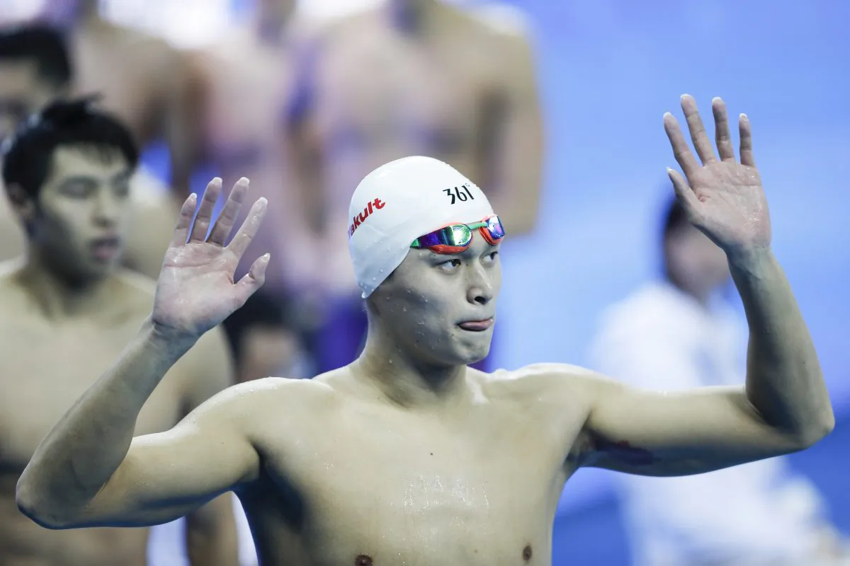 Sun Yang of China competes in the men's 4x200m Freestyle during 14th FINA World Swimming Championships in Hangzhou City, China on December 14, 2018. (Fred Lee/Getty Images)