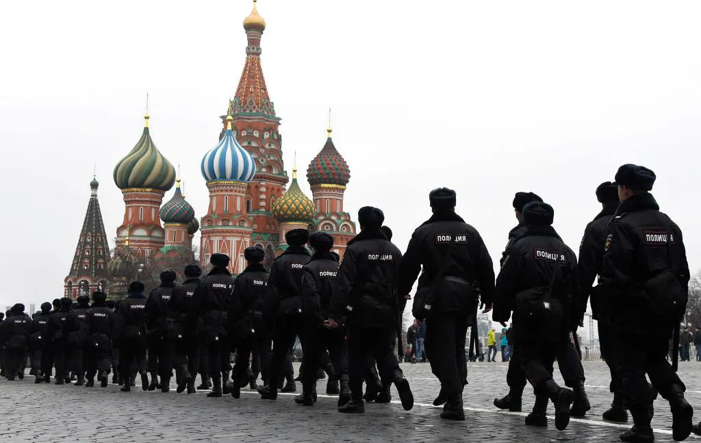 Russian police officers patrol on the Red Square in central Moscow on April 2, 2017, (Vasily Maximov/AFP/Getty Images)