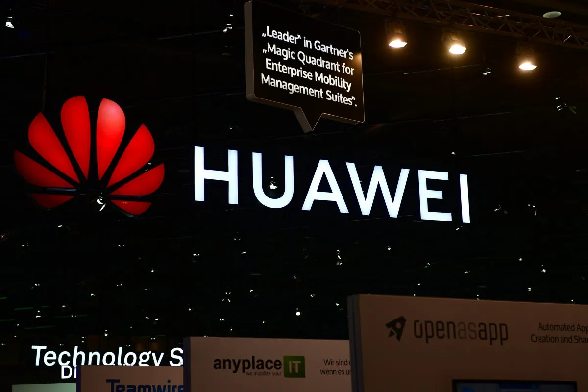 The Huawei logo is displayed in a trade fair on June 12, 2018 in Hanover, Germany. (Alexander Koerner/Getty Images)
