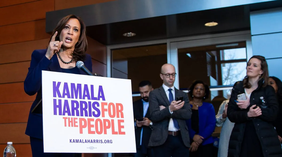 Sen. Kamala Harris speaks to reporters after announcing her candidacy for President of the United States, at Howard University in Washington on Jan. 21, 2019. (Al Drago/Getty Images)