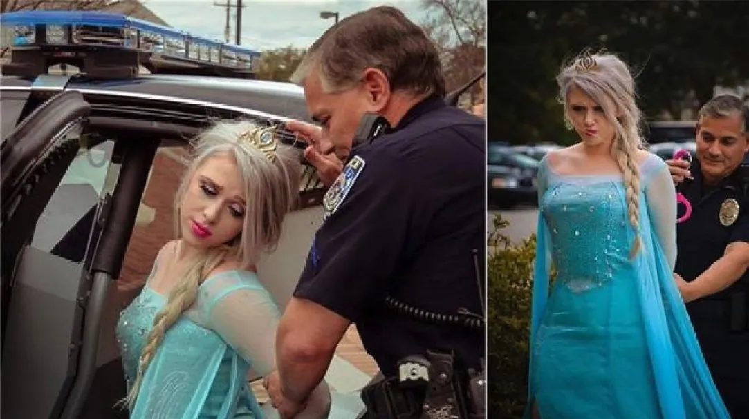 The McLean Police Department posted photographs of officers appearing to arrest Disney character "Elsa" from the film Frozen, as an apparent playful way of marking the bitter polar vortex cold snap. (McLean Police Department)