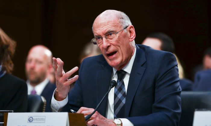 Office of the Director of National Intelligence Director Daniel Coats testifies at a hearing in front of the Senate Intelligence Committee in Congress in Washington on Jan. 29, 2019. (Charlotte Cuthbertson/The Epoch Times)