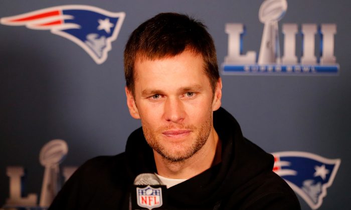 Tom Brady #12 of the New England Patriots speaks to the media on Jan. 29, 2019. (Kevin C. Cox/Getty Images)