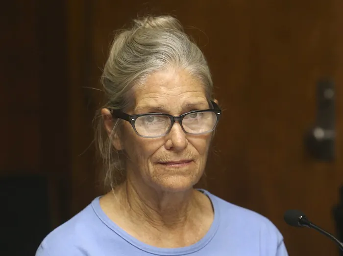 Leslie Van Houten at her parole hearing at the California Institution for Women in Corona, Calif. on Sept. 6, 2017. (Stan Lim/Orange County Register/SCNG via AP, Pool, File)