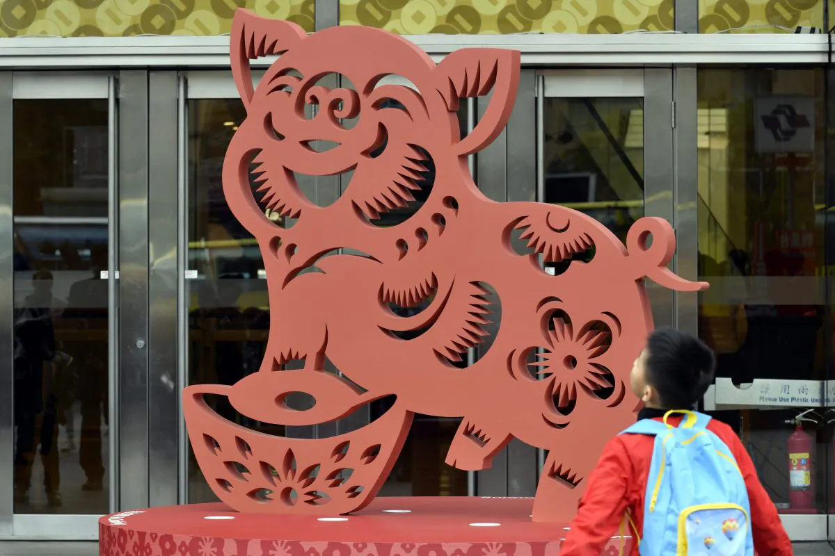 A boy looks at a pig-shaped decoration in front of a local department store to mark the coming Lunar New Year in Taipei, Taiwan on Jan. 23 2019. The Lunar New Year will begin on Feb. 5 and will mark the start of the Year of the Pig. (Sam Yeh/AFP/Getty Images)