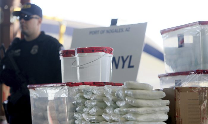 A display of fentanyl and meth seized by U.S. Customs and Border Protection officers at the Nogales Port of Entry at a press conference in Arizona on Jan. 31, 2019. (Mamta Popat/Arizona Daily Star via AP)