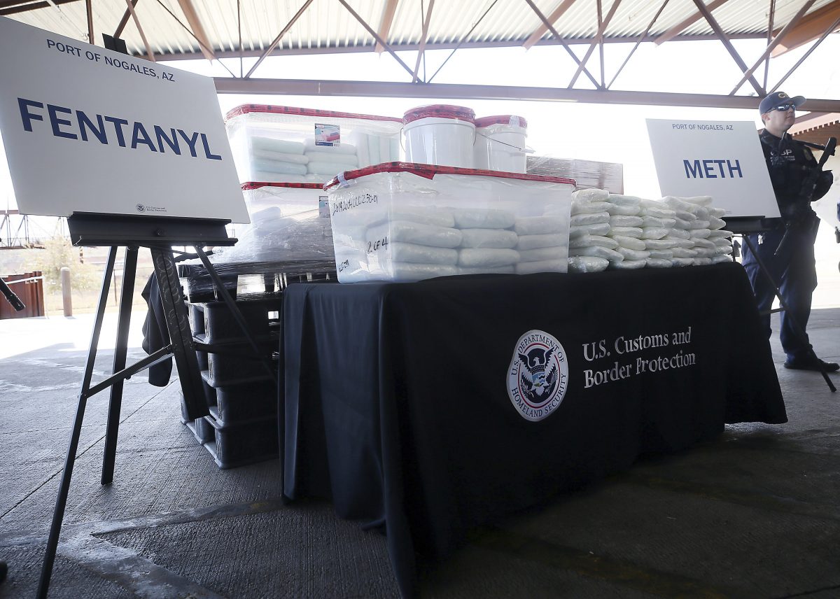 A display of fentanyl and meth seized by U.S. CBP officers at the Nogales Port of Entry is shown during a press conference on Jan. 31, 2019, in Nogales, Ariz. U.S. (Mamta Popat/Arizona Daily Star via AP)