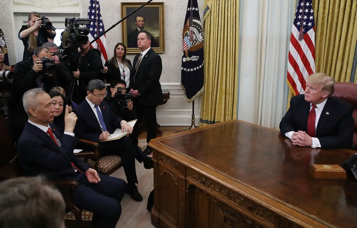 President Donald Trump speaks during a meeting with Chinese Vice Premier Liu He (L), in the Oval Office at the White House in Washington, D.C. on Jan. 31, 2019. (Mark Wilson/Getty Images)