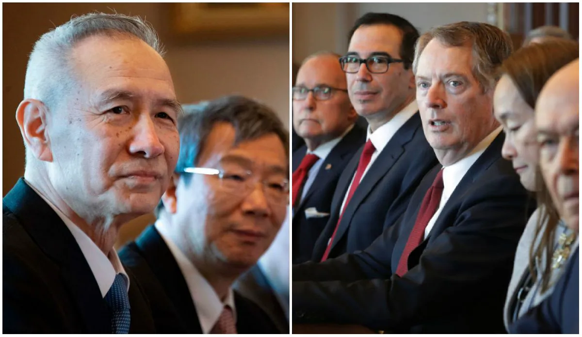 (L) The Chinese Delegation, including Vice Premier Liu He (L) and Governor of the People's Bank of China Yi Gang (2nd L) looks on during US-China Trade Talks in Washington, DC, on Jan. 30, 2019. (Jim Watson/AFP/Getty Images)
(R) Trump Administration officials sit down with Chinese vice ministers and senior officials for negotiations in the Diplomatic Room at the Eisenhower Executive Office Building January 30, 2019 in Washington, DC. (Chip Somodevilla/Getty Images)