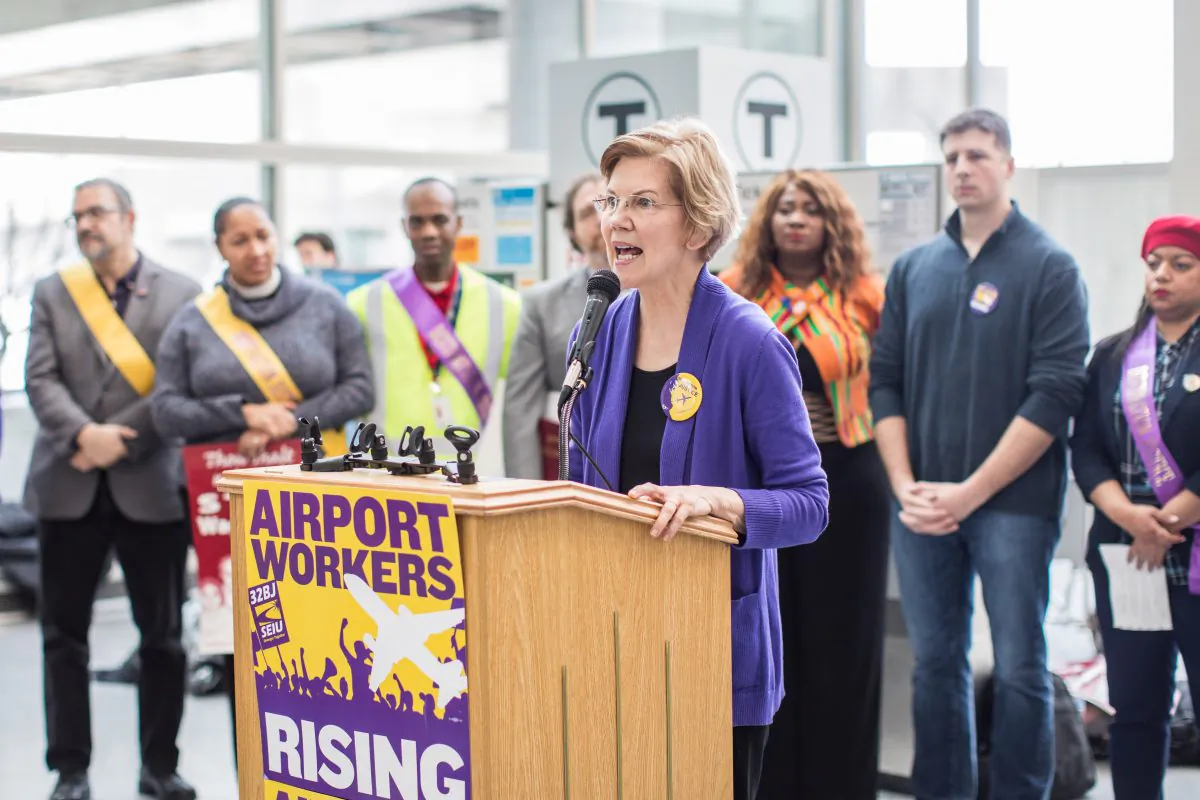 Sen. Elizabeth Warren (D-Mass.) speaks during a rally for airport workers affected by the government shutdown at Boston Logan International Airport in Boston, Massachusetts on Jan. 21, 2019. (Scott Eisen/Getty Images)