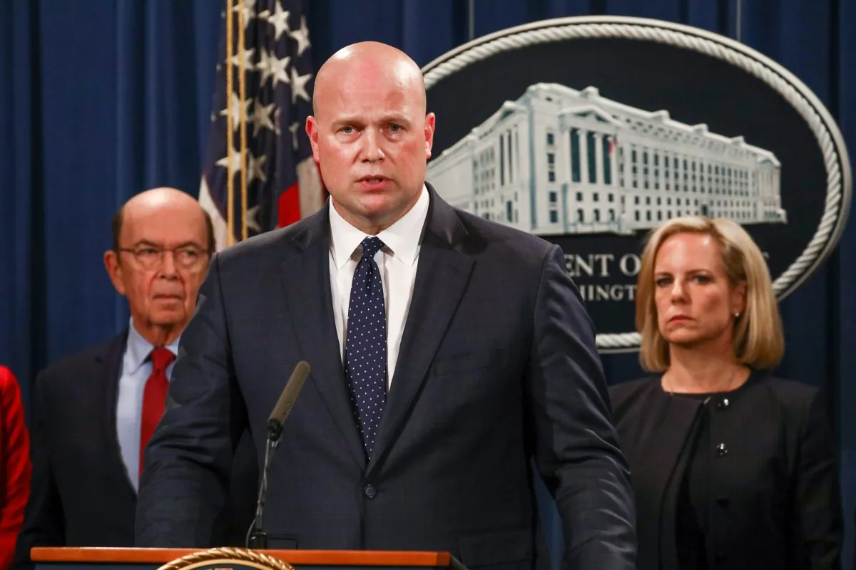 Acting Attorney General Matthew Whitaker announces indictments against Chinese telecommunications company Huawei, with Commerce Secretary Wilbur Ross (L), Homeland Security Secretary Kirstjen Nielsen (R), and other officials at the Department of Justice in Washington on Jan. 28, 2019. (Charlotte Cuthbertson/The Epoch Times)