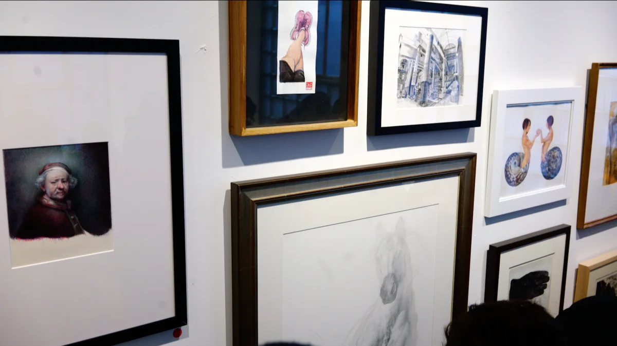 Finished pieces by the artists in the "Sketchbook Vol. 1" exhibition in the gallery of Sugarlift in Long Island City, Queens, New York on January 19, 2019. (Paul-Emile Cendron/Sugarlift)