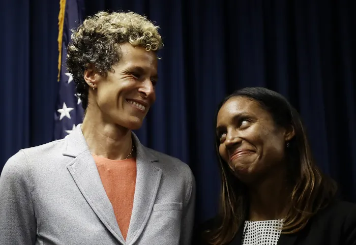 Accuser Andrea Constand, left, reacts at a news conference with prosecutor Kristen Feden after Bill Cosby was sentenced to three-to 10-years for sexual assault ,in Norristown, Pa., on Sept. 25, 2018. (Matt Slocum/AP Photo)