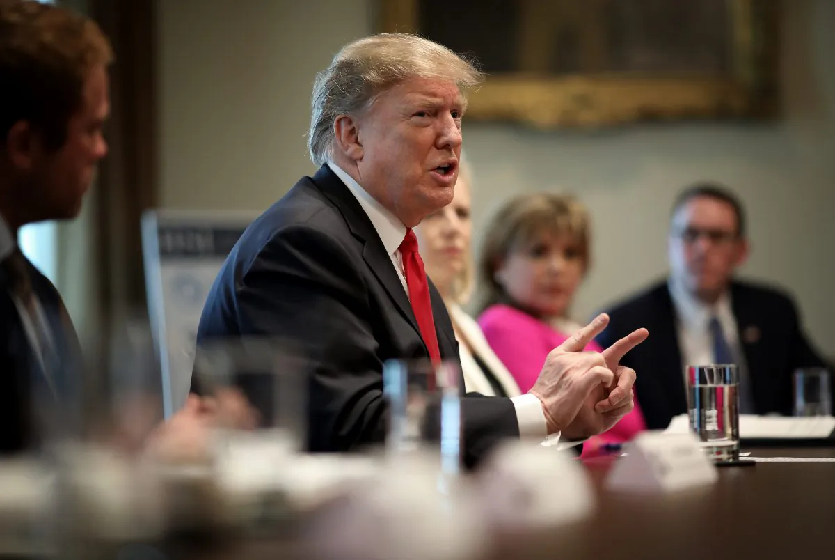 President Donald Trump speaks during a meeting in the Cabinet Room of the White House  in Washington, DC. Trump spoke during an event discussing the fight against human trafficking on the southern border of the United States and renewed his call for funding for the construction of a wall. (Photo by Win McNamee/Getty Images)