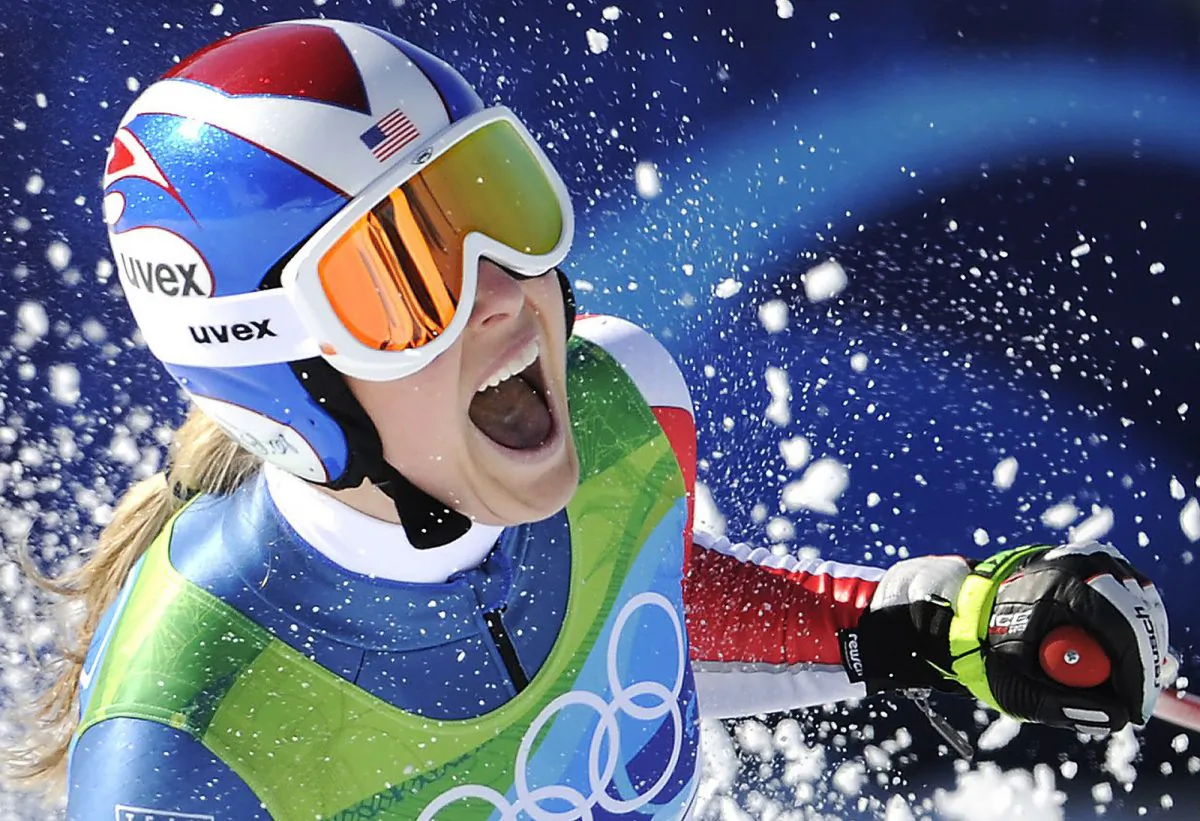 Lindsey Vonn, of the United States, reacts in the finish area after completing the women's downhill race at the Vancouver 2010 Olympics in Whistler, British Columbia, on Feb. 17, 2010. (Gero Breloer, AP Photo)