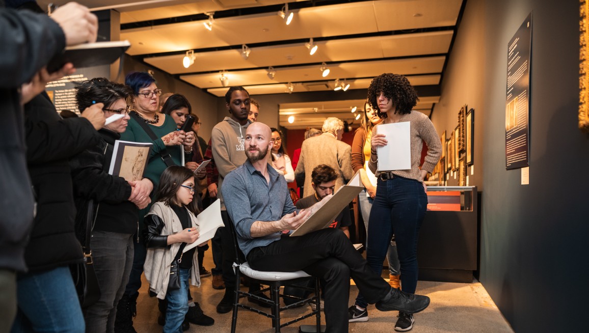 Joshua Henderson teaches people how to draw at the Old Master Drawings sale at Sothebys, in New York on January 27, 2019. (Julian Cassady)