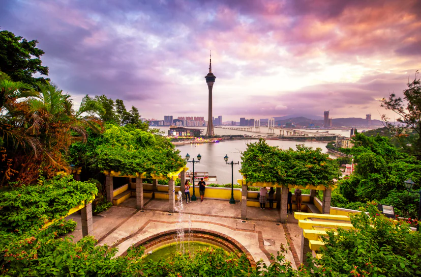 View from Macao Peninsula past AJ Hackett Macau Tower to the islands. (Macao Government Tourism Office)
