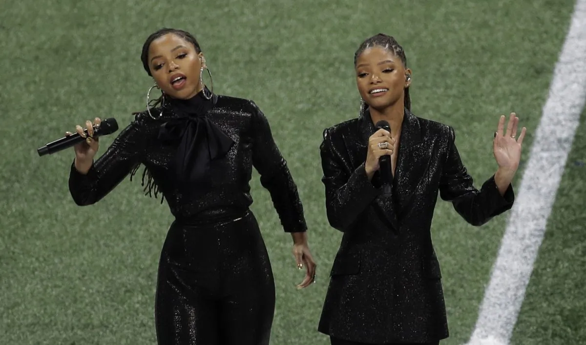 Chloe x Halle perform before the NFL Super Bowl 53 football game between the Los Angeles Rams and the New England Patriots in Atlanta, on Feb. 3, 2019. (Charlie Riedel/AP)