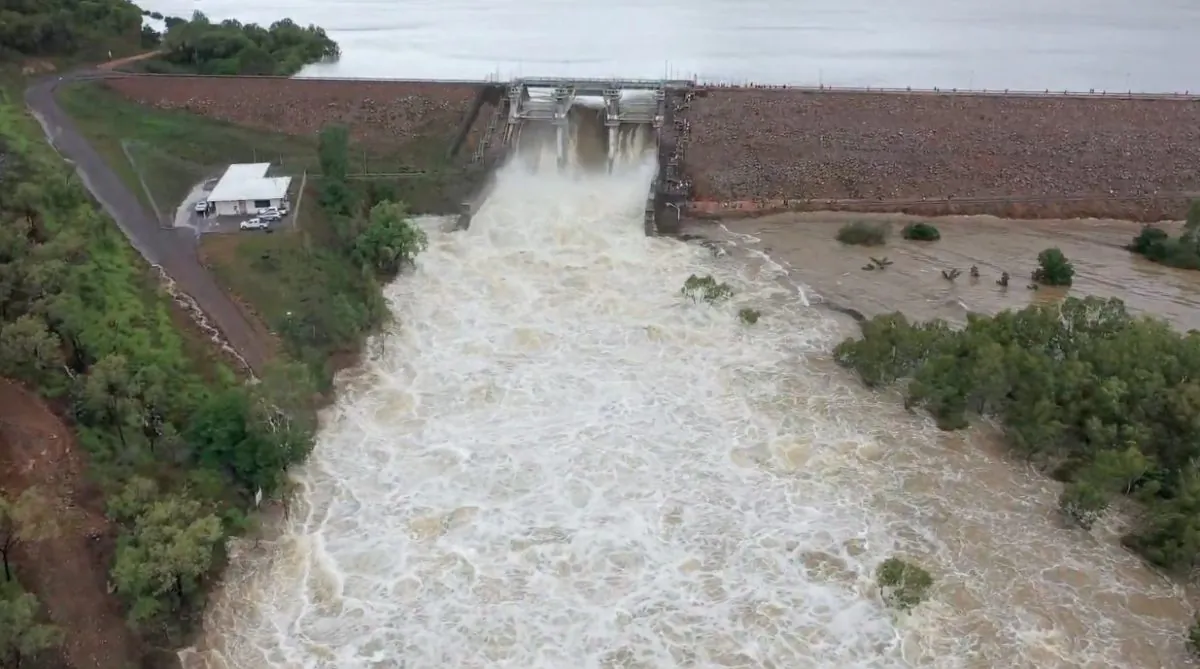 Ross River Dam at over 230 percent capacity in Far North Queensland, Australia. (Neilly Group Engineering/Storyful)