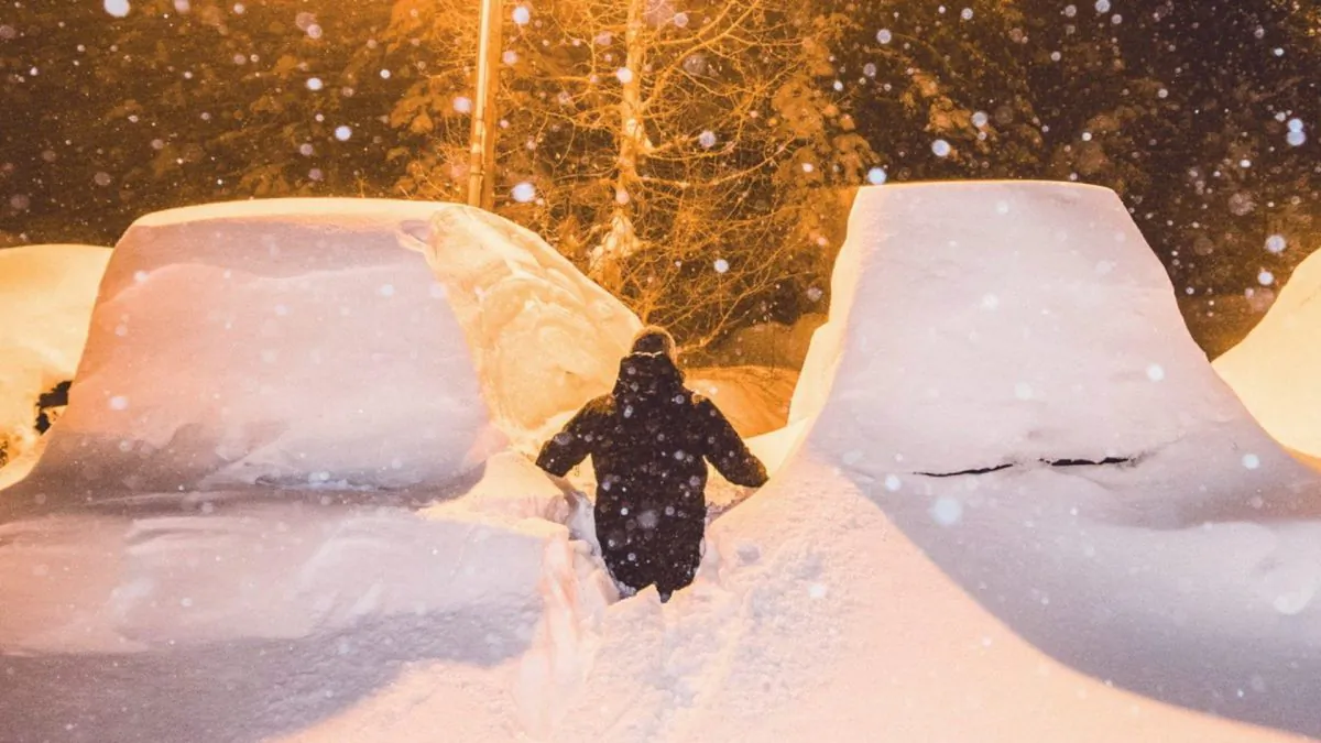 Parked vehicles under a winter storm sweeping in Mammoth Mountain, Calif., early on Feb. 3, 2019. (Peter Morning/Mammoth Mountain via AP)