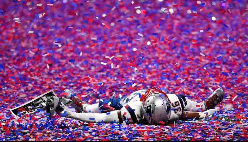 New England Patriots linebacker Brandon King (36) lays in the confetti after Super Bowl LIII against the Los Angeles Rams at Mercedes-Benz Stadium. (Dale Zanine-USA TODAY Sports)