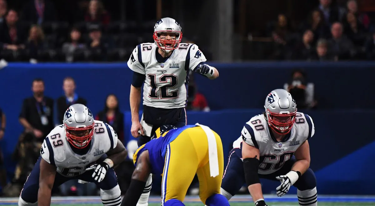 Tom Brady #12 of the New England Patriots shouts in the second half Super Bowl LIII at Mercedes-Benz Stadium in Atlanta, Georgia, on Feb. 3, 2019. (Harry How/Getty Images)