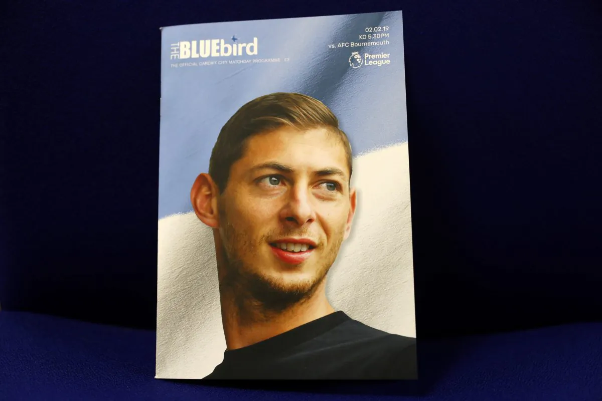 A soccer match program book with a picture of Emiliano Sala on the cover in Cardiff, United Kingdom, on Feb. 2, 2019. (Michael Steele/Getty Images)